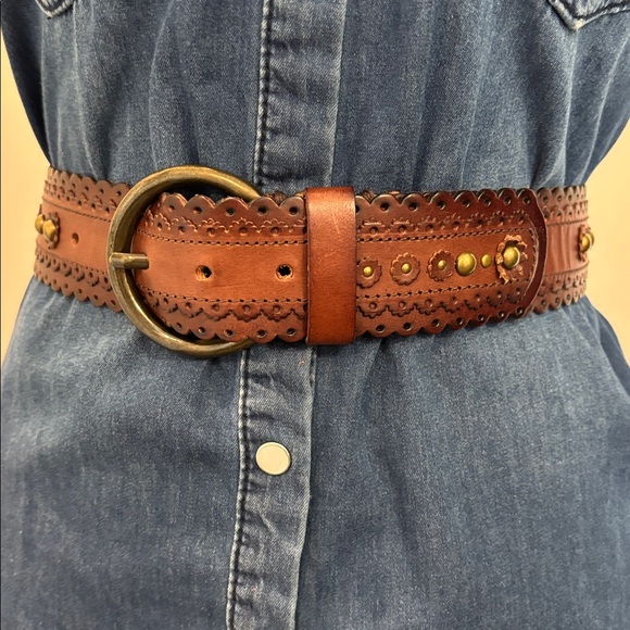 Danier Accessories - Danier Brown Leather Belt Gold Studs Brass Circle Buckle Size Medium